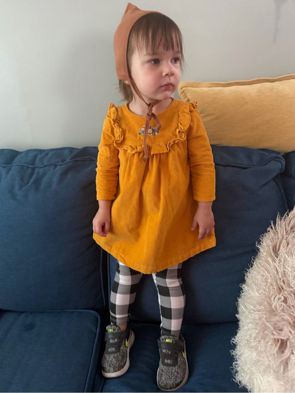 Mustard Yellow Girls' Ruffle Corduroy Dress